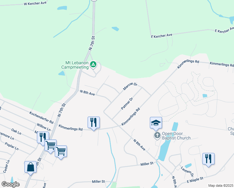 map of restaurants, bars, coffee shops, grocery stores, and more near 817 Marcon Drive in Lebanon