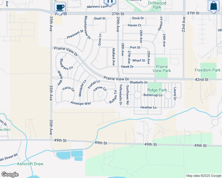 map of restaurants, bars, coffee shops, grocery stores, and more near Lupine Lane in Evans
