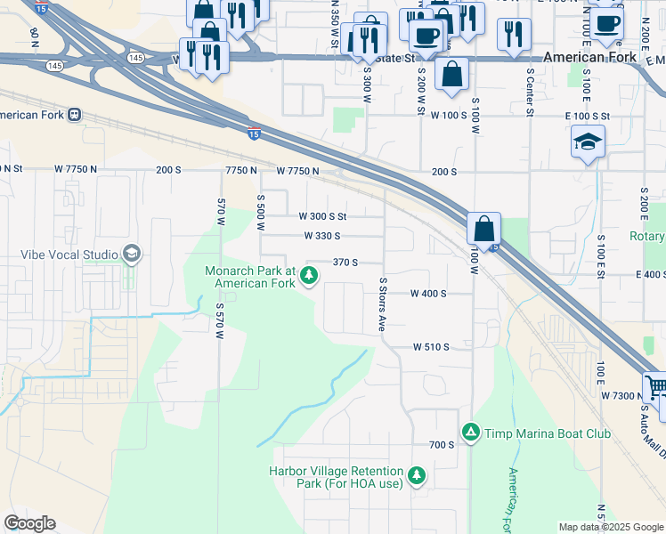map of restaurants, bars, coffee shops, grocery stores, and more near 365 West 370 South in American Fork