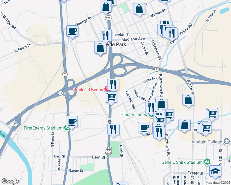 map of restaurants, bars, coffee shops, grocery stores, and more near 2335 Fairmont Avenue in Reading