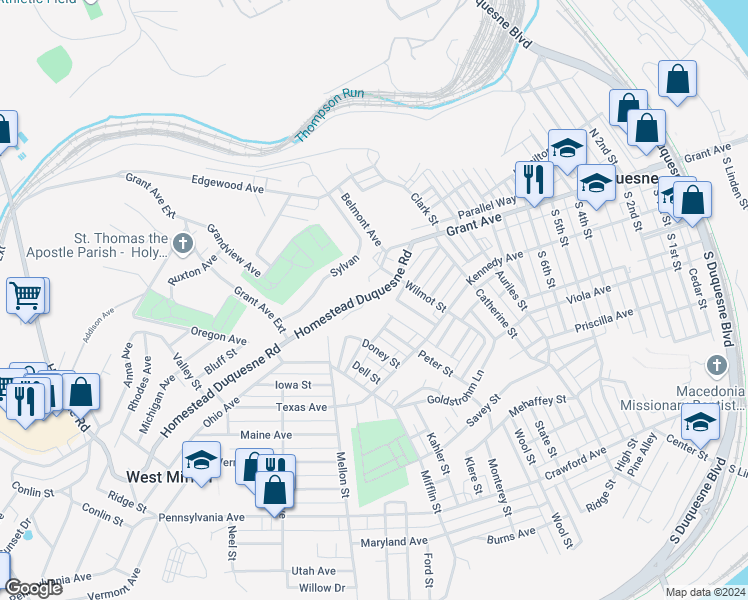 map of restaurants, bars, coffee shops, grocery stores, and more near 1139 Grant Avenue in Duquesne