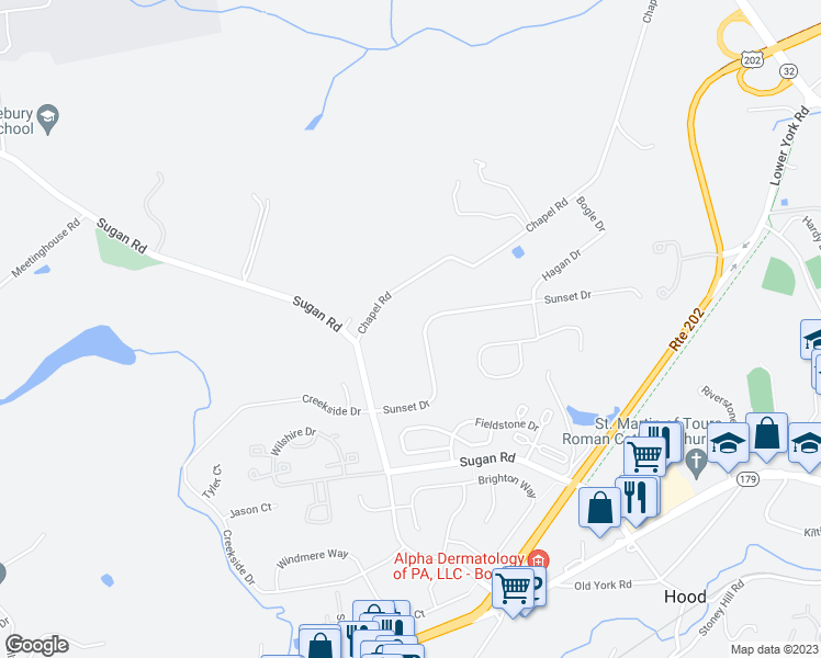 map of restaurants, bars, coffee shops, grocery stores, and more near 104 Sunset Drive in New Hope