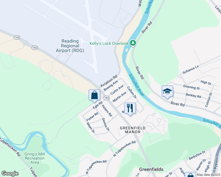 map of restaurants, bars, coffee shops, grocery stores, and more near 510 Boeing Avenue in Reading