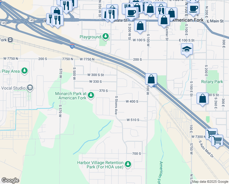 map of restaurants, bars, coffee shops, grocery stores, and more near 368 South Storrs Avenue in American Fork