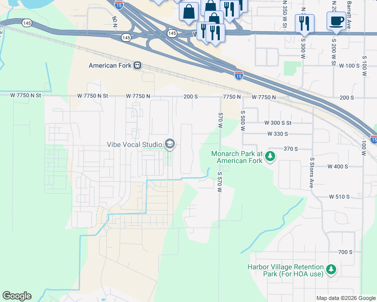 map of restaurants, bars, coffee shops, grocery stores, and more near 374 South 650 West in American Fork