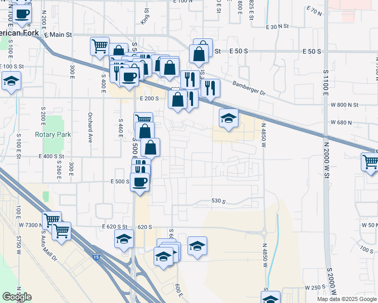 map of restaurants, bars, coffee shops, grocery stores, and more near 361 South 610 East in American Fork