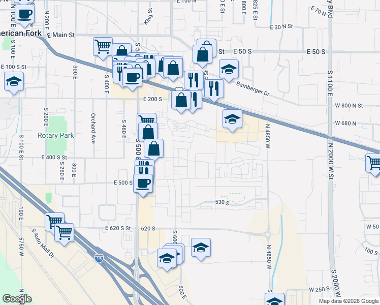 map of restaurants, bars, coffee shops, grocery stores, and more near 361 South 610 East in American Fork