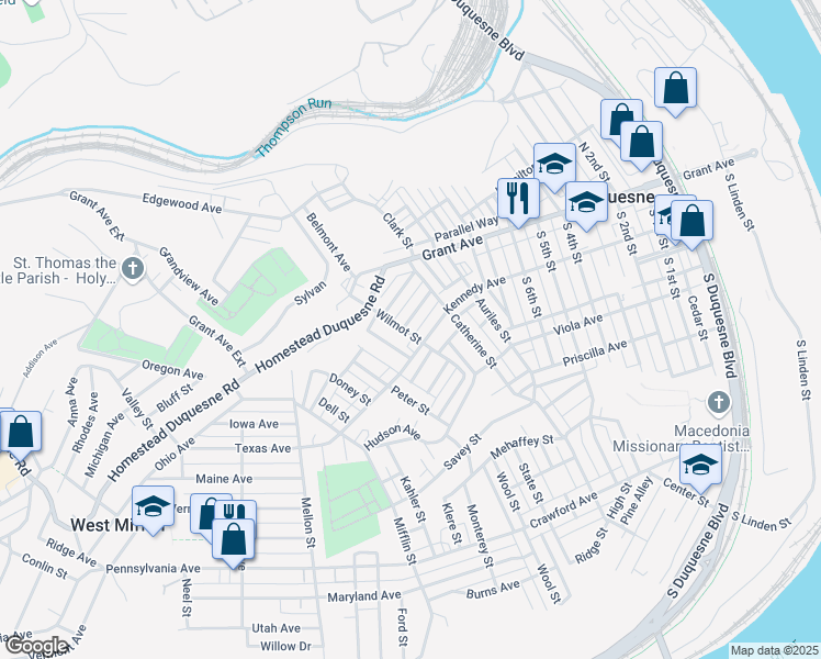 map of restaurants, bars, coffee shops, grocery stores, and more near 1032 Sherman Avenue in Duquesne