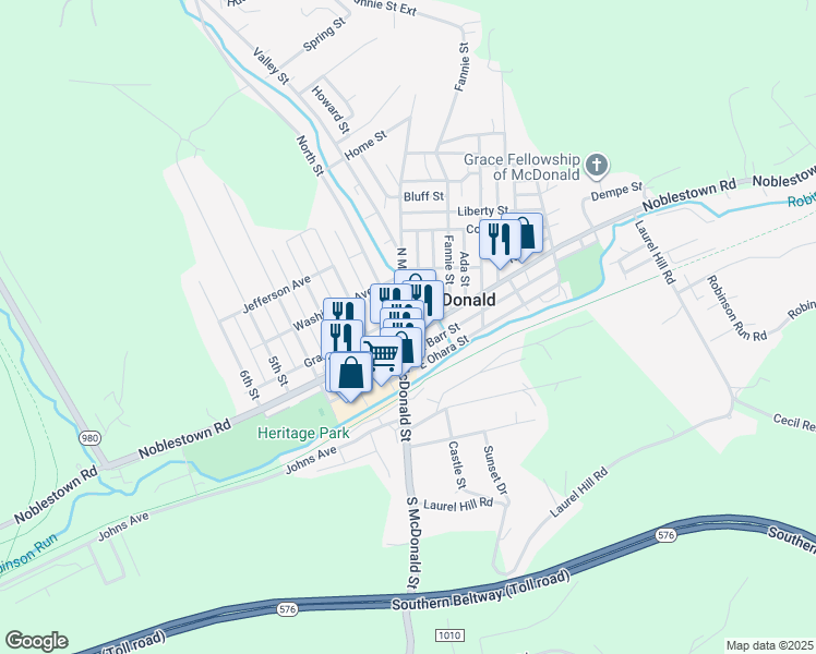 map of restaurants, bars, coffee shops, grocery stores, and more near 101 North McDonald Street in McDonald