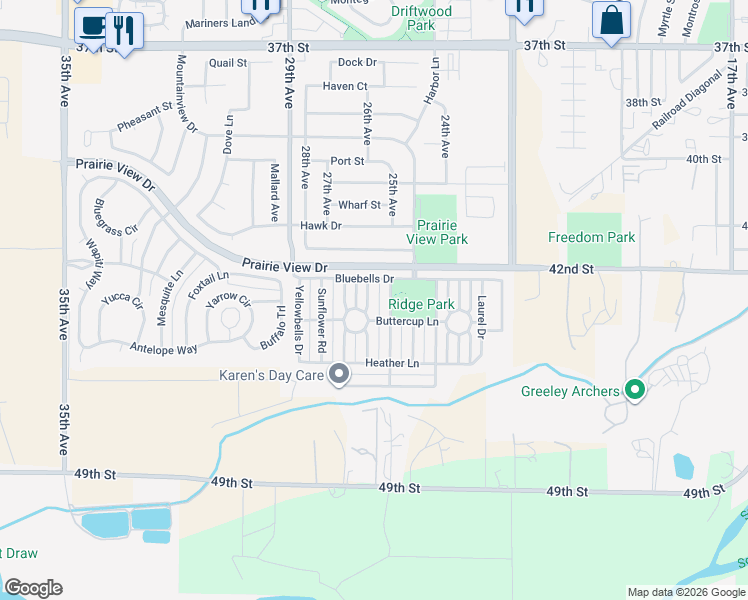map of restaurants, bars, coffee shops, grocery stores, and more near 4209 Phlox Lane in Evans