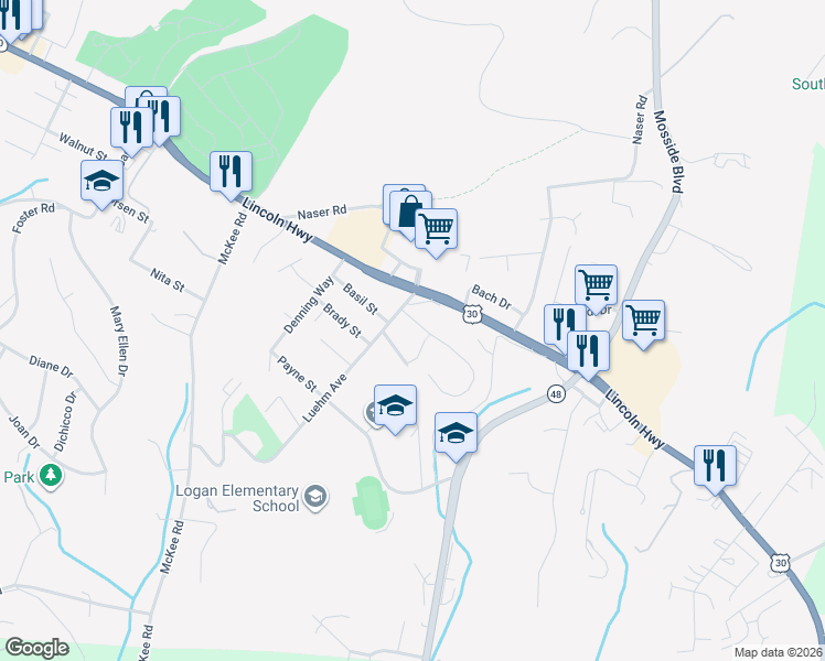 map of restaurants, bars, coffee shops, grocery stores, and more near 1704 Howell Street in North Versailles