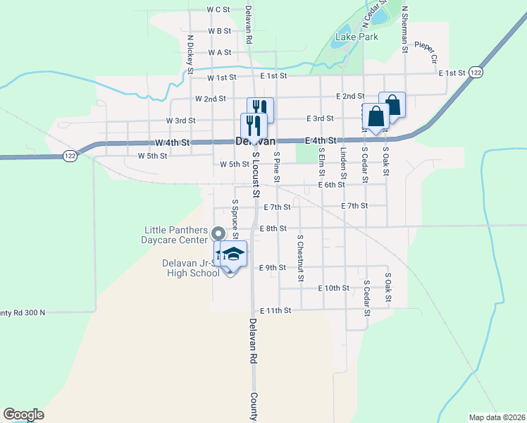 map of restaurants, bars, coffee shops, grocery stores, and more near 610 Locust St in Delavan