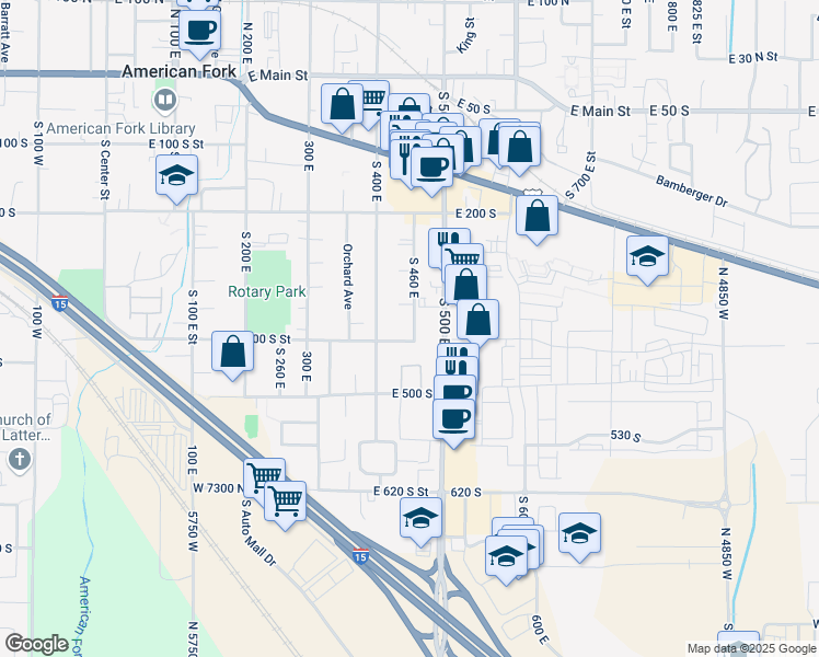 map of restaurants, bars, coffee shops, grocery stores, and more near 394 South 460 East in American Fork