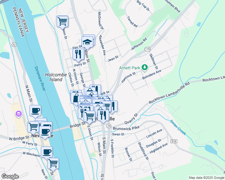 map of restaurants, bars, coffee shops, grocery stores, and more near 99 York Street in Lambertville