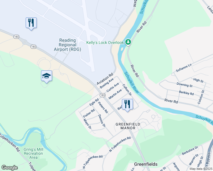 map of restaurants, bars, coffee shops, grocery stores, and more near 510 Boeing Avenue in Reading