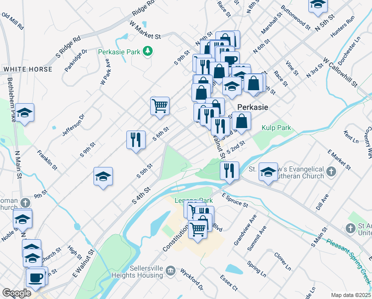 map of restaurants, bars, coffee shops, grocery stores, and more near 327 South 4th Street in Perkasie