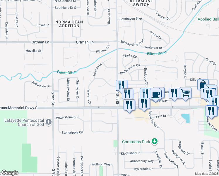 map of restaurants, bars, coffee shops, grocery stores, and more near 1709 Waverly Drive in Lafayette