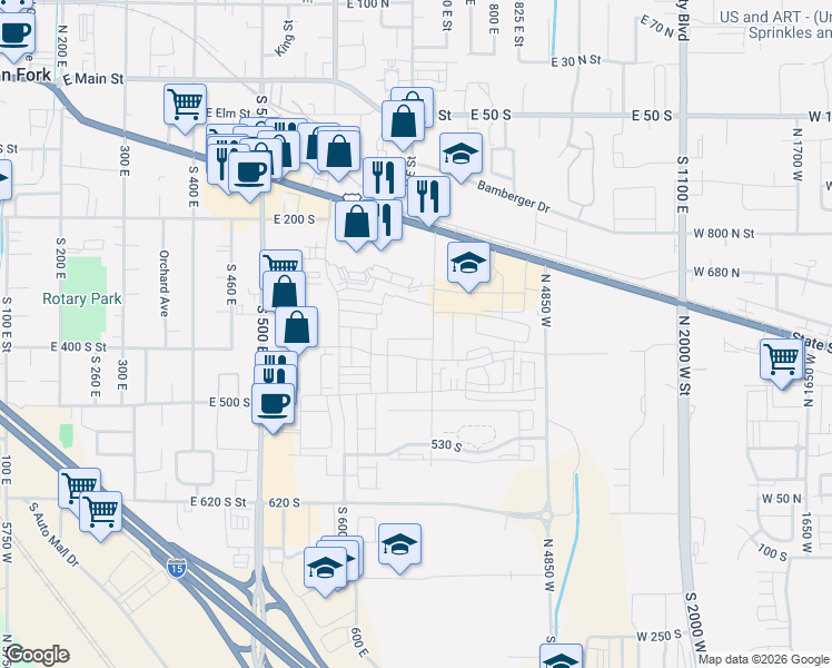 map of restaurants, bars, coffee shops, grocery stores, and more near 711 380 South in American Fork