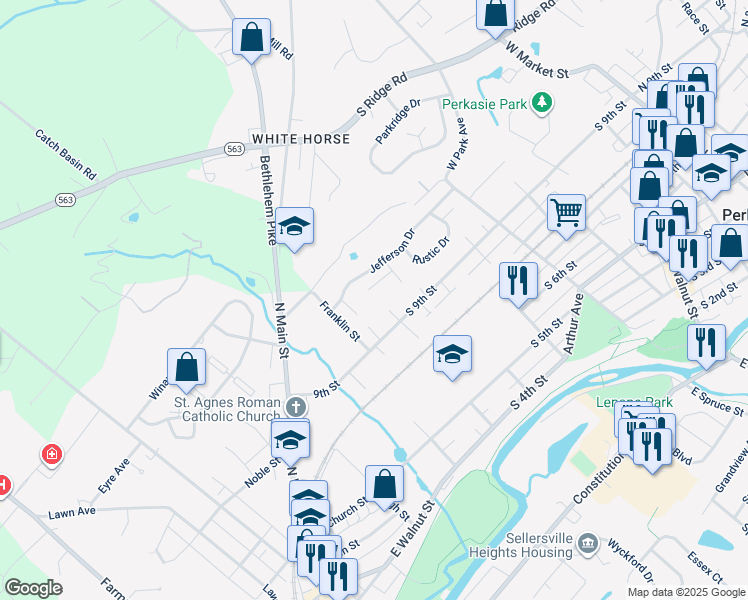 map of restaurants, bars, coffee shops, grocery stores, and more near 725 Lexington Way in Perkasie