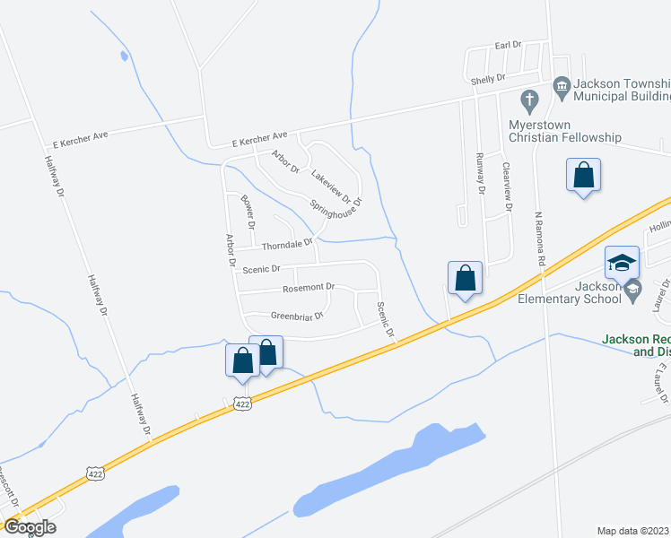 map of restaurants, bars, coffee shops, grocery stores, and more near 32 Scenic Drive in Myerstown