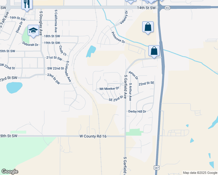 map of restaurants, bars, coffee shops, grocery stores, and more near Valentine Dr in Loveland
