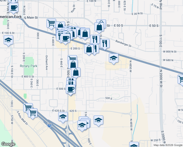 map of restaurants, bars, coffee shops, grocery stores, and more near 361 South 610 East in American Fork
