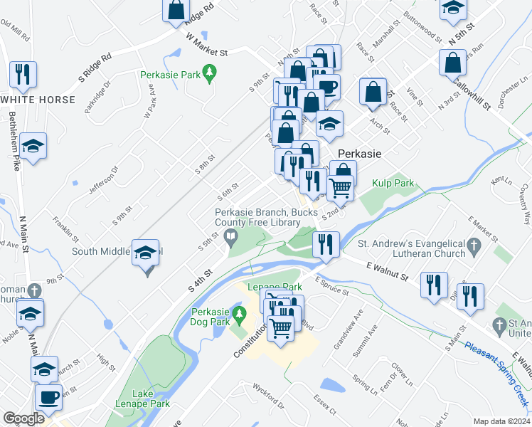 map of restaurants, bars, coffee shops, grocery stores, and more near 327 South 4th Street in Perkasie