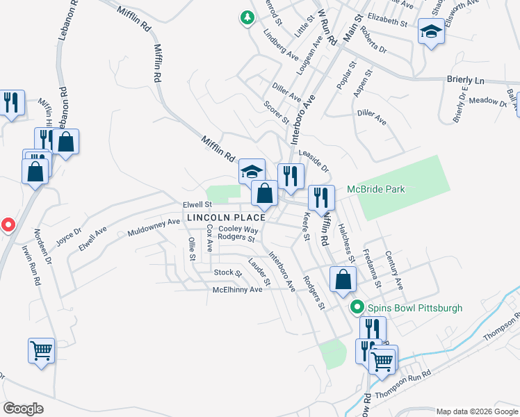 map of restaurants, bars, coffee shops, grocery stores, and more near 5403 Mere Street in Pittsburgh
