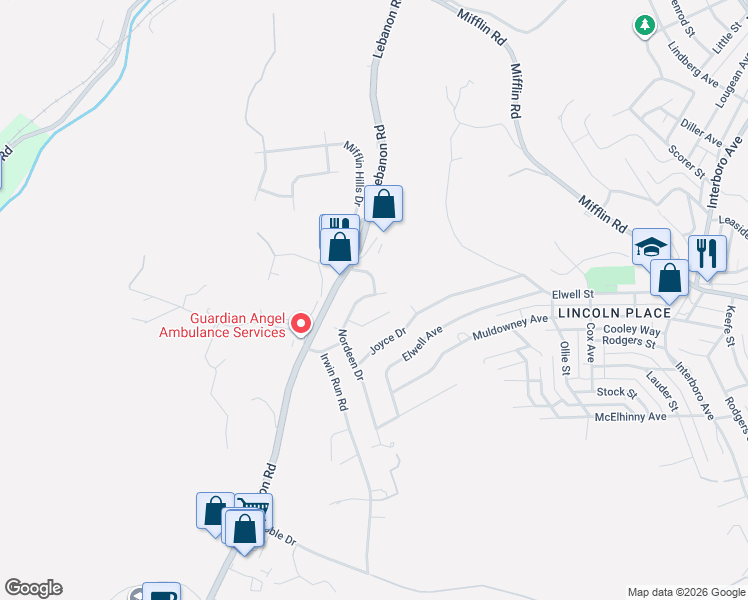 map of restaurants, bars, coffee shops, grocery stores, and more near 514 Nordeen Drive in West Mifflin