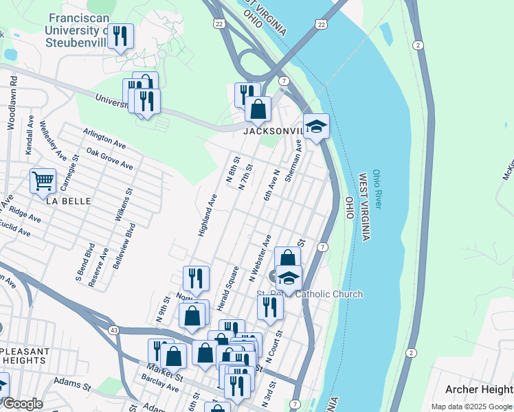 map of restaurants, bars, coffee shops, grocery stores, and more near 720 North 7th Street in Steubenville