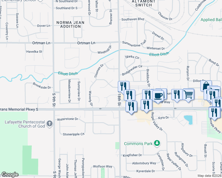 map of restaurants, bars, coffee shops, grocery stores, and more near 1709 Waverly Drive in Lafayette