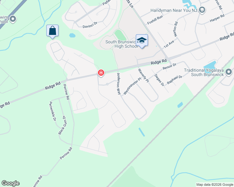 map of restaurants, bars, coffee shops, grocery stores, and more near 10 Anderson Way in South Brunswick Township