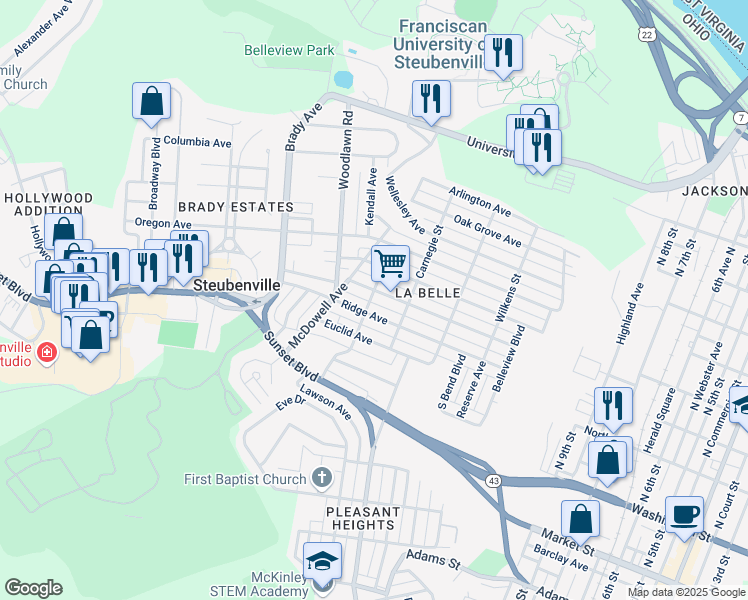 map of restaurants, bars, coffee shops, grocery stores, and more near 1440 Maryland Avenue in Steubenville