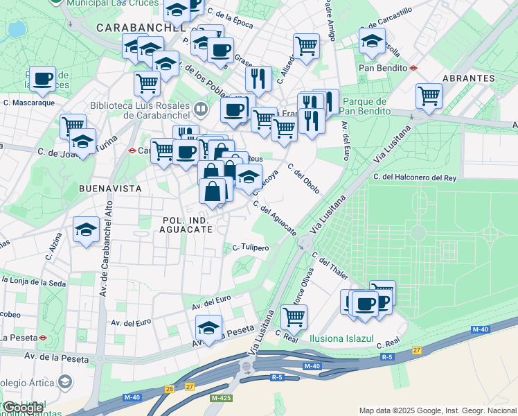 map of restaurants, bars, coffee shops, grocery stores, and more near 58 Calle del Aguacate in Madrid