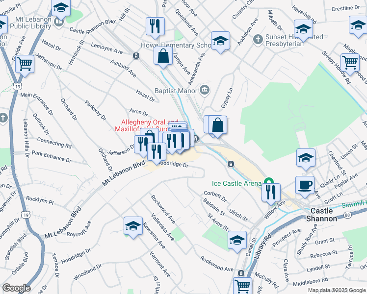 map of restaurants, bars, coffee shops, grocery stores, and more near 300 Mount Lebanon Boulevard in Castle Shannon