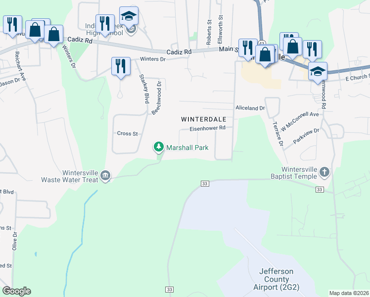 map of restaurants, bars, coffee shops, grocery stores, and more near 117 Marshall Road in Steubenville
