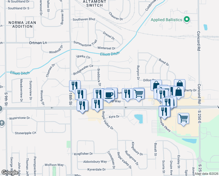 map of restaurants, bars, coffee shops, grocery stores, and more near 2020 Cliburn Road in Lafayette