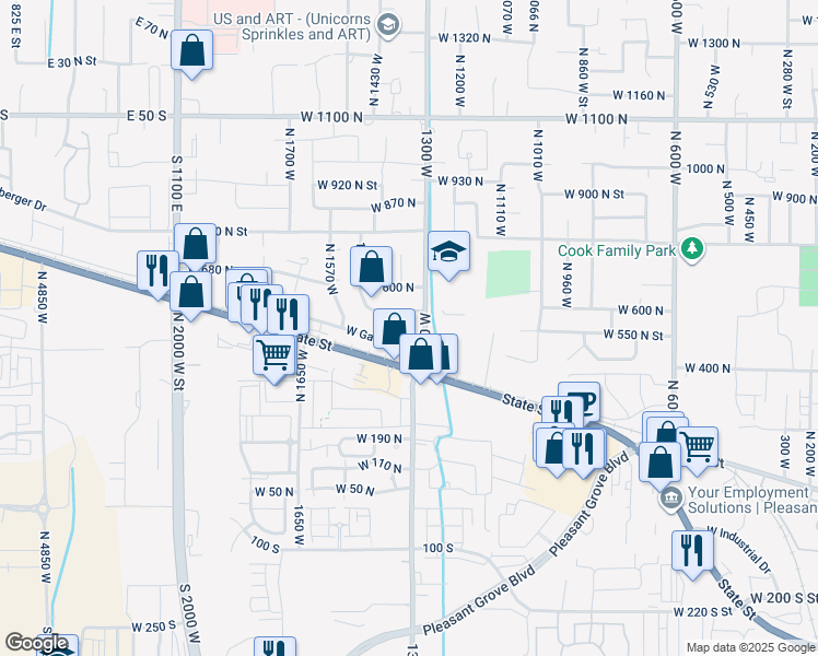 map of restaurants, bars, coffee shops, grocery stores, and more near 510 North 1370 West in Pleasant Grove