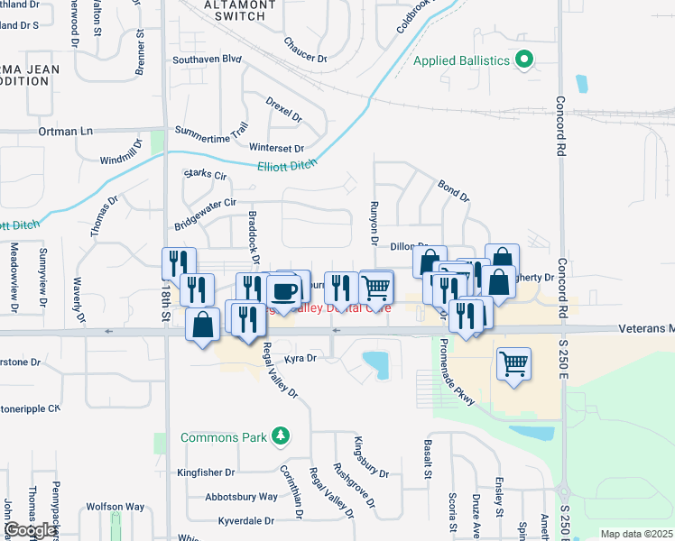 map of restaurants, bars, coffee shops, grocery stores, and more near 2138 Cliburn Road in Lafayette