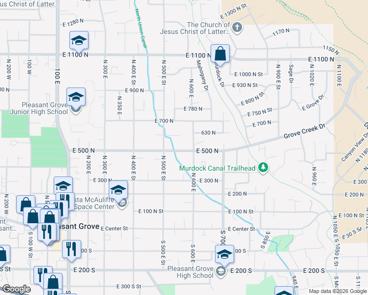 map of restaurants, bars, coffee shops, grocery stores, and more near 575 Grove Creek Drive in Pleasant Grove