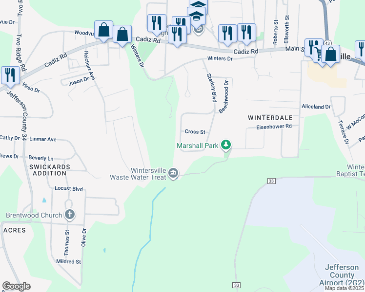 map of restaurants, bars, coffee shops, grocery stores, and more near 204 Beechwood Boulevard in Wintersville