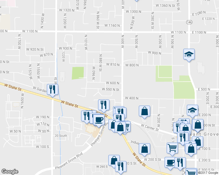 map of restaurants, bars, coffee shops, grocery stores, and more near 784 West 550 North Street in Pleasant Grove