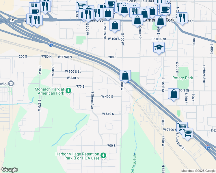 map of restaurants, bars, coffee shops, grocery stores, and more near 186 West 380 South in American Fork