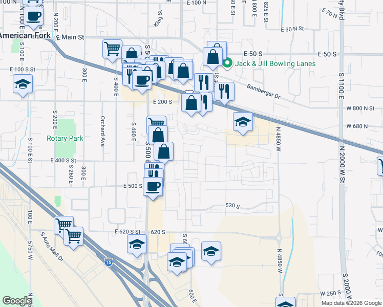 map of restaurants, bars, coffee shops, grocery stores, and more near 361 South 610 East in American Fork