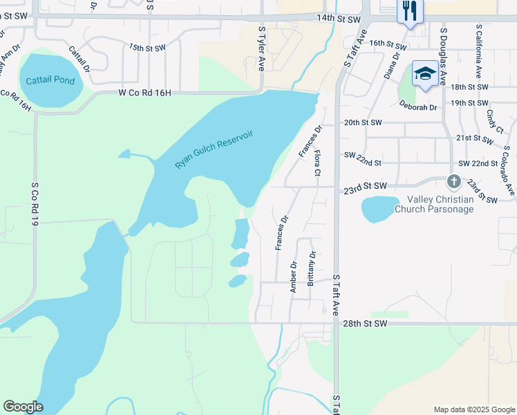 map of restaurants, bars, coffee shops, grocery stores, and more near 2408 McKenzie Drive in Loveland