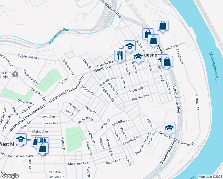 map of restaurants, bars, coffee shops, grocery stores, and more near 126 Auriles Street in Duquesne