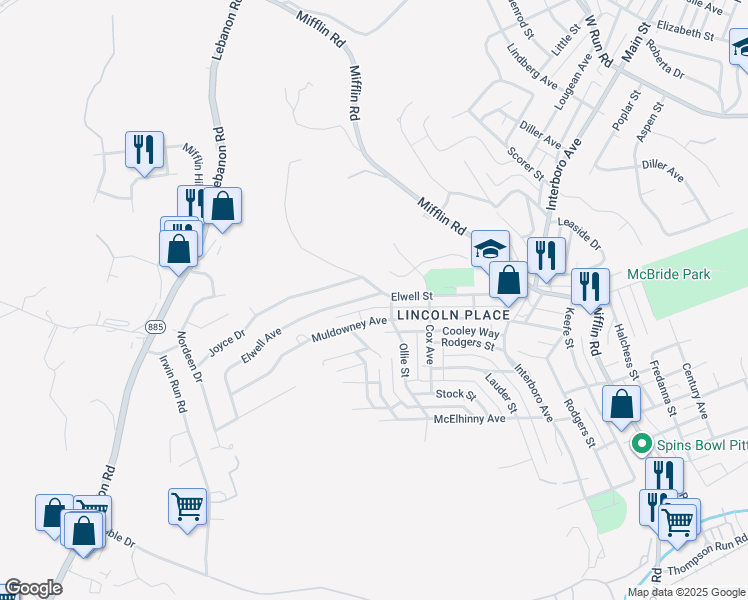 map of restaurants, bars, coffee shops, grocery stores, and more near 1034 Elwell Street in Pittsburgh