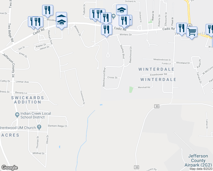 map of restaurants, bars, coffee shops, grocery stores, and more near 208 Beechwood Boulevard in Wintersville