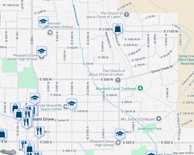 map of restaurants, bars, coffee shops, grocery stores, and more near 563 East 500 North in Pleasant Grove