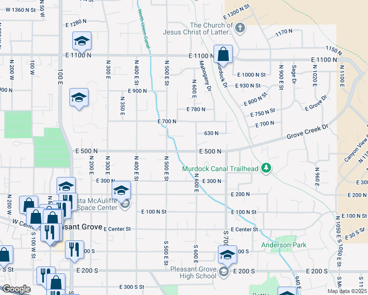 map of restaurants, bars, coffee shops, grocery stores, and more near 563 East 500 North in Pleasant Grove